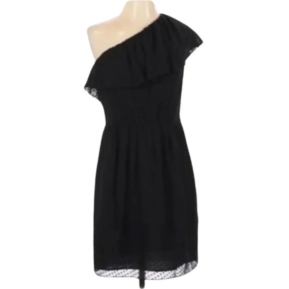 Shoshanna Black Ruffled One Shoulder Textured Polka Dot Mini Dress Size 0 NWT - Picture 2 of 13